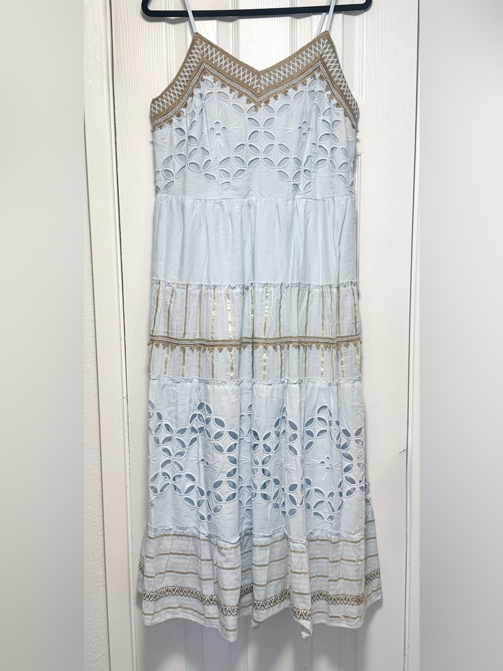 Light Blue Eyelet Midi Dress with Tan Trim - Picture 4 of 12